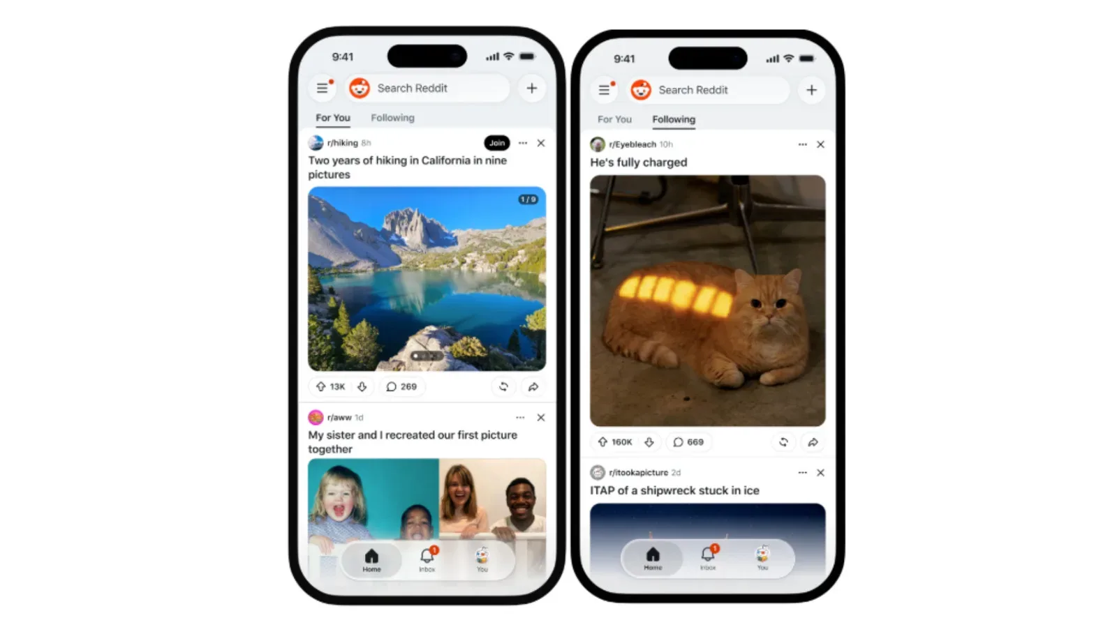 Reddit app interface illustrating separate For You and Following feed tabs