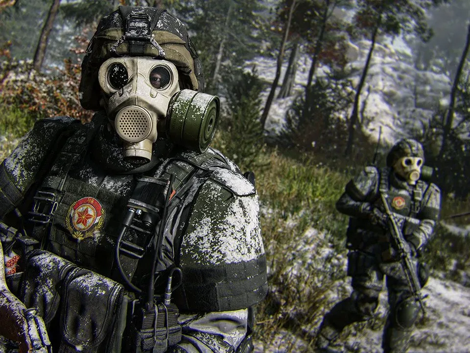 Players wear white gasmasks as they explore a snowy area in Call of Duty: Modern Warfare 4's DMZ mode