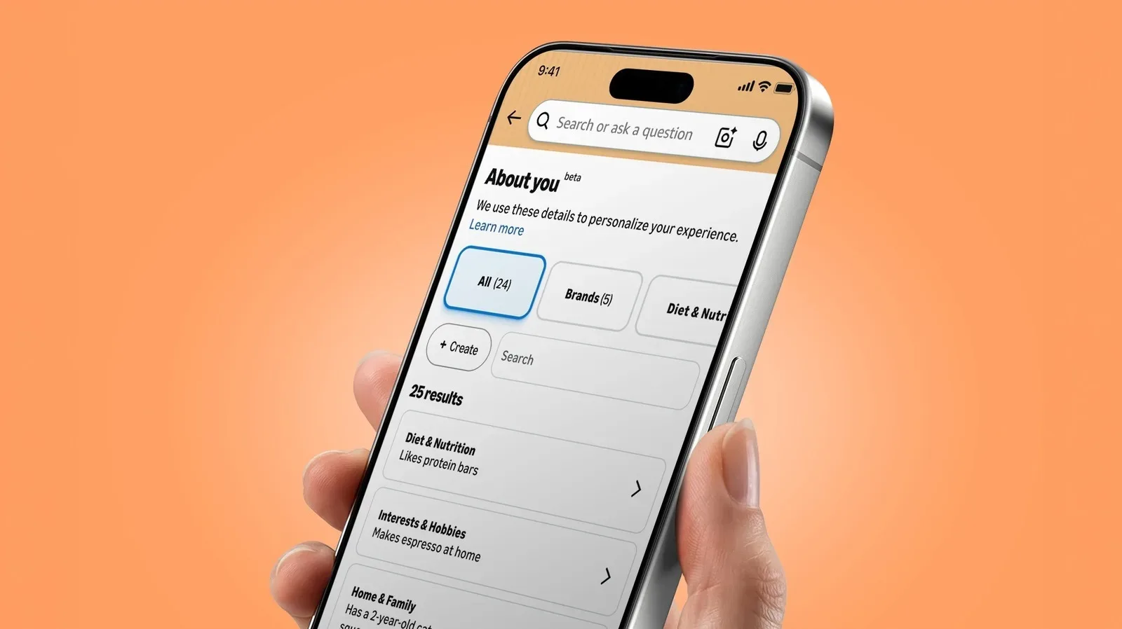 Amazon About You profile settings page for reviewing shopping personalization details