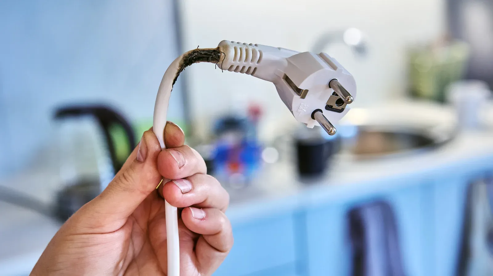 An extension cord connected behind a computer desk