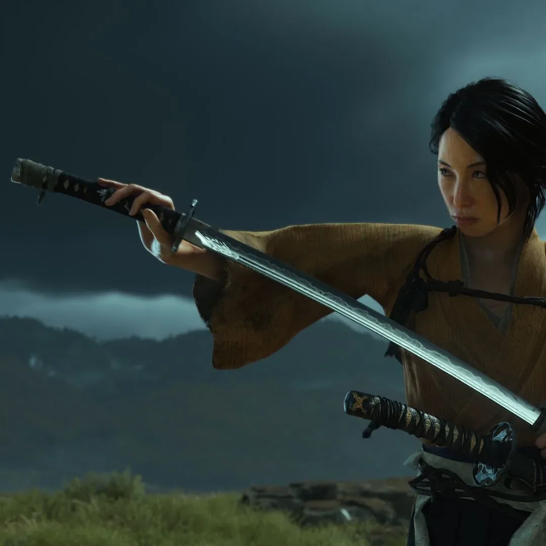 Ghost of Yotei Complete Edition screenshot of Atsu drawing her katana