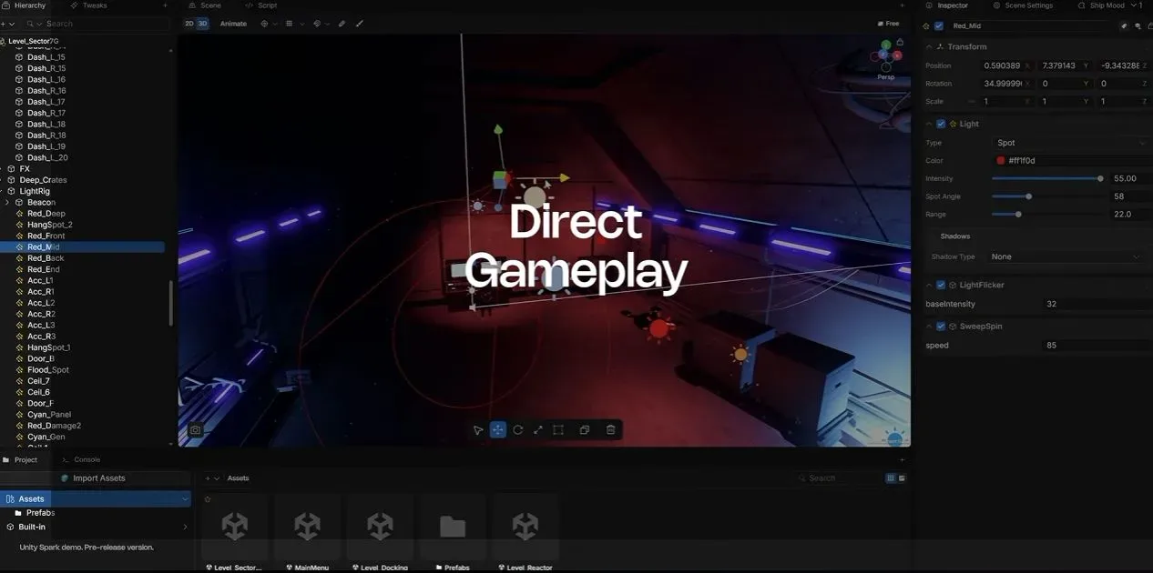A generic space shooter scene used in Unity Spark’s Space Corridor demonstration