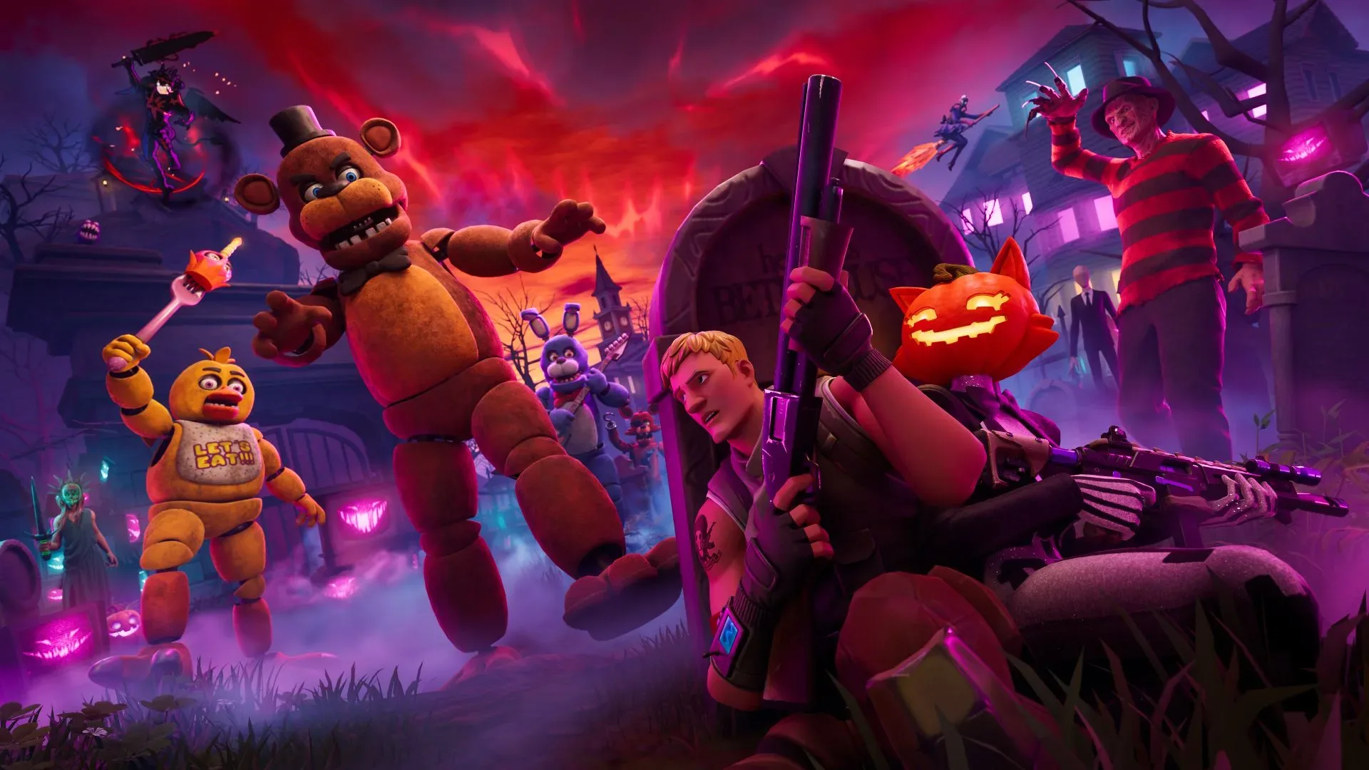 Fortnitemares performers in a purple-lit haunted farm scare zone