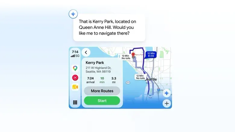 CarPlay navigation interface showing a conversational Gemini prompt for finding a stop