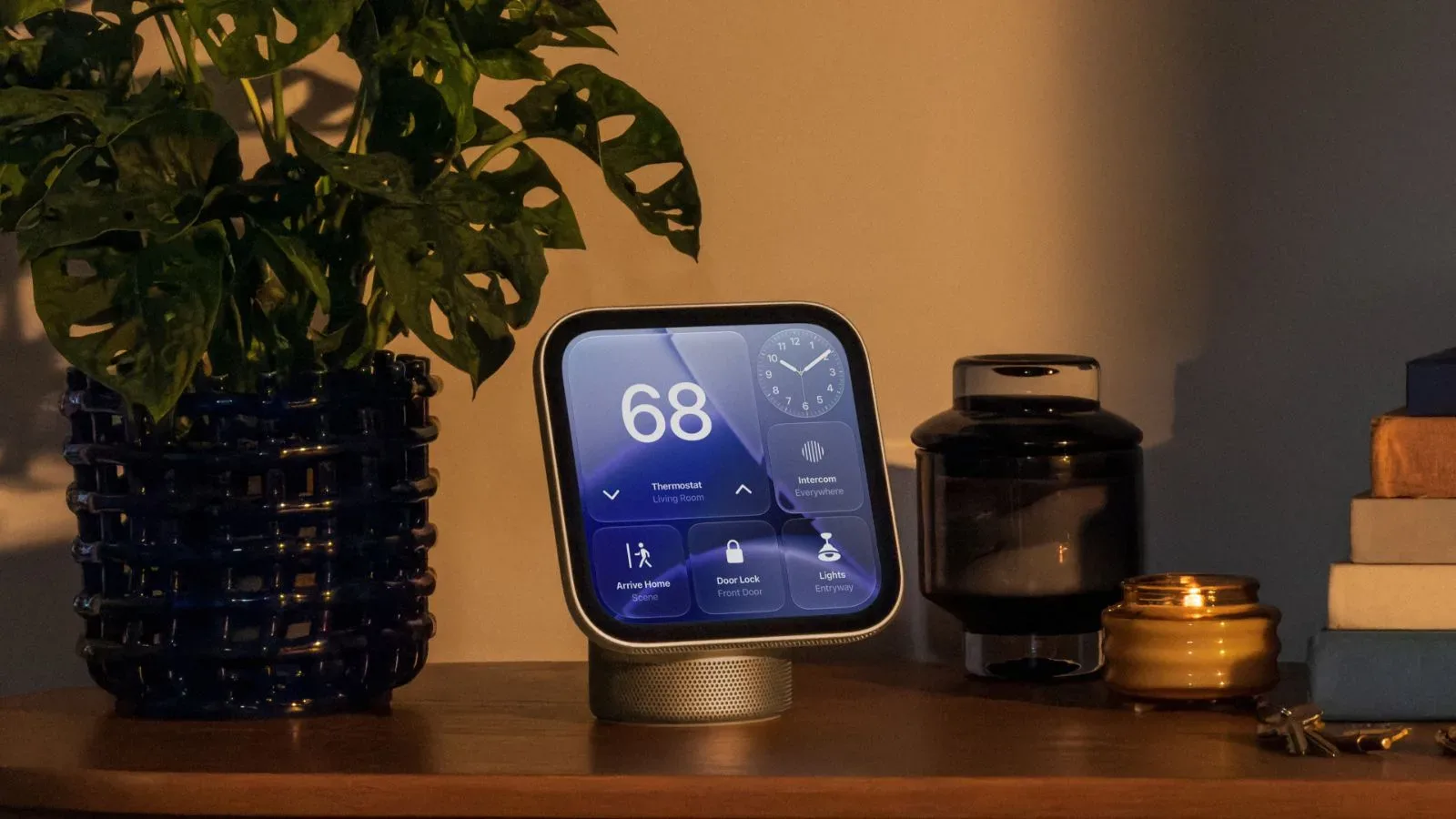 Apple HomeView tabletop display showing a dim nighttime face