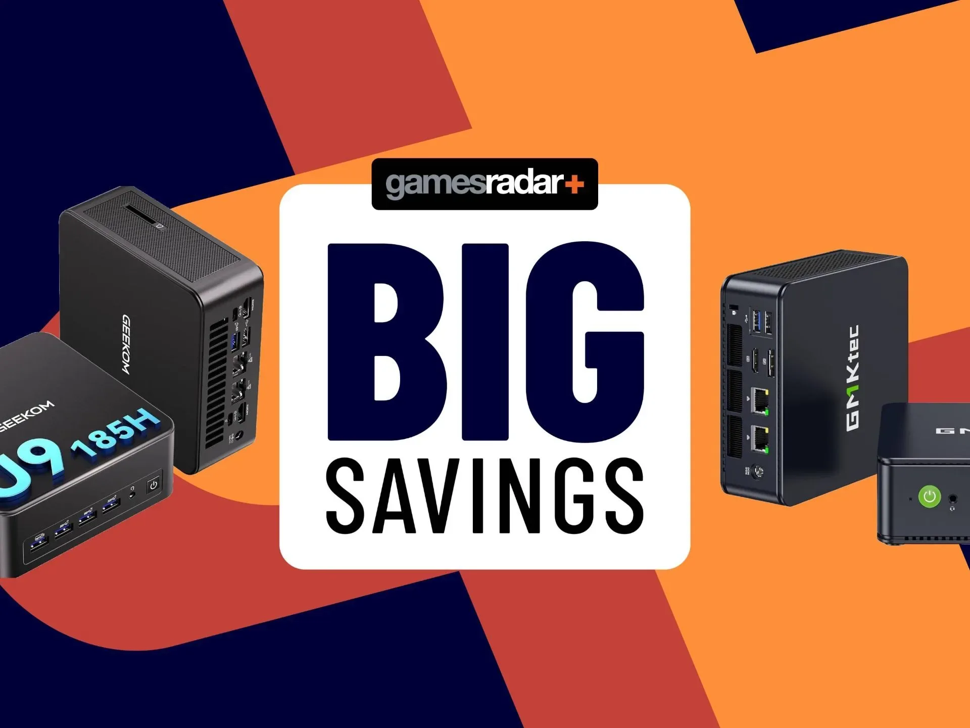 Several mini PCs on an orange cross next to the sign 'Big Savings'.