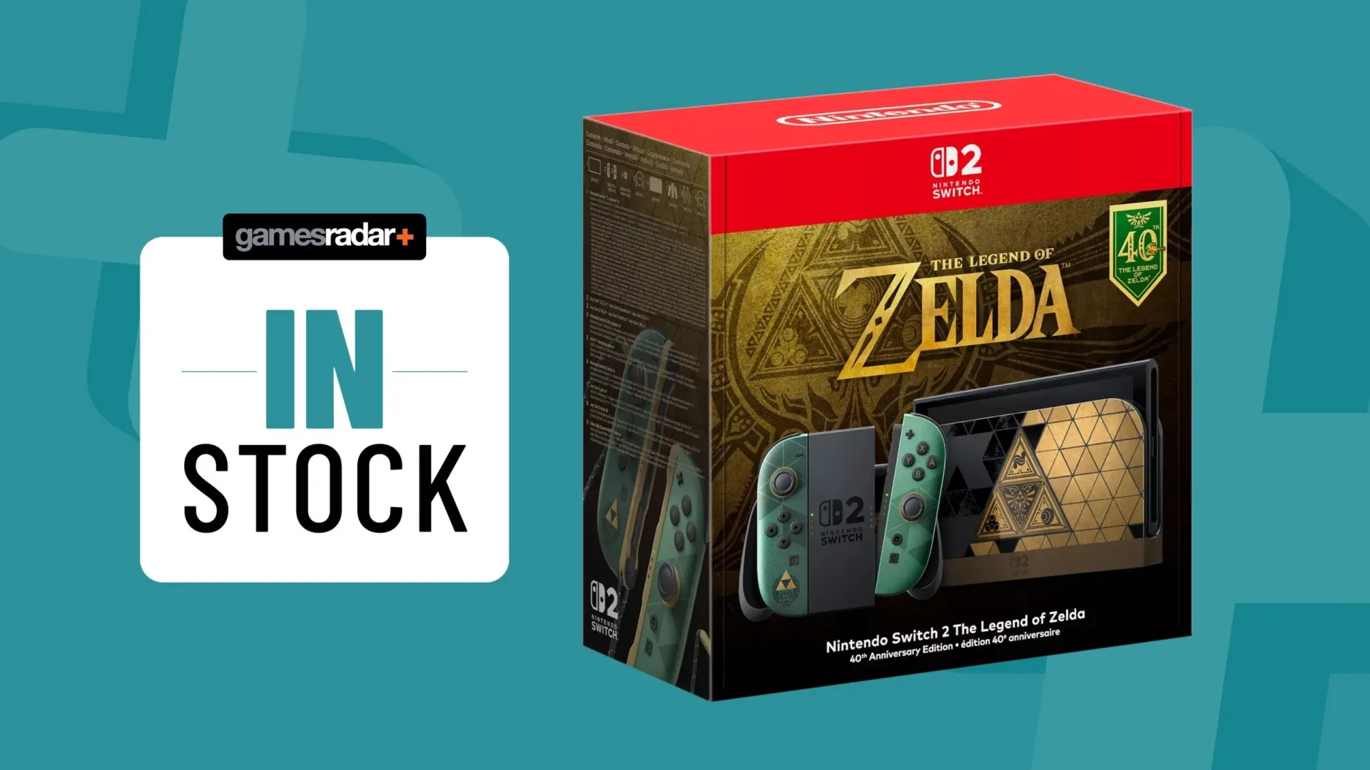 The Legend of Zelda Nintendo Switch 2 40th Anniversary Edition with green Joy-Con and gold dock accents