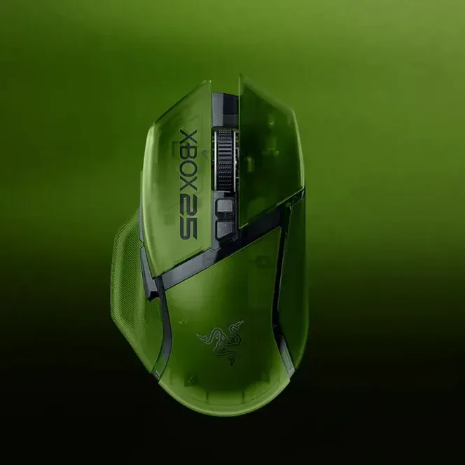 Razer Xbox 25th Anniversary collection with translucent-green mouse, keyboard and wireless earbuds