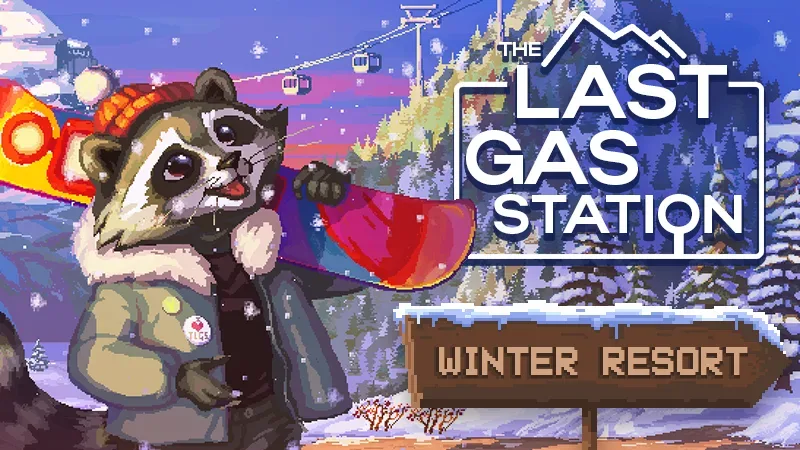 A snowy roadside gas station transformed into a winter resort in The Last Gas Station: Winter Resort