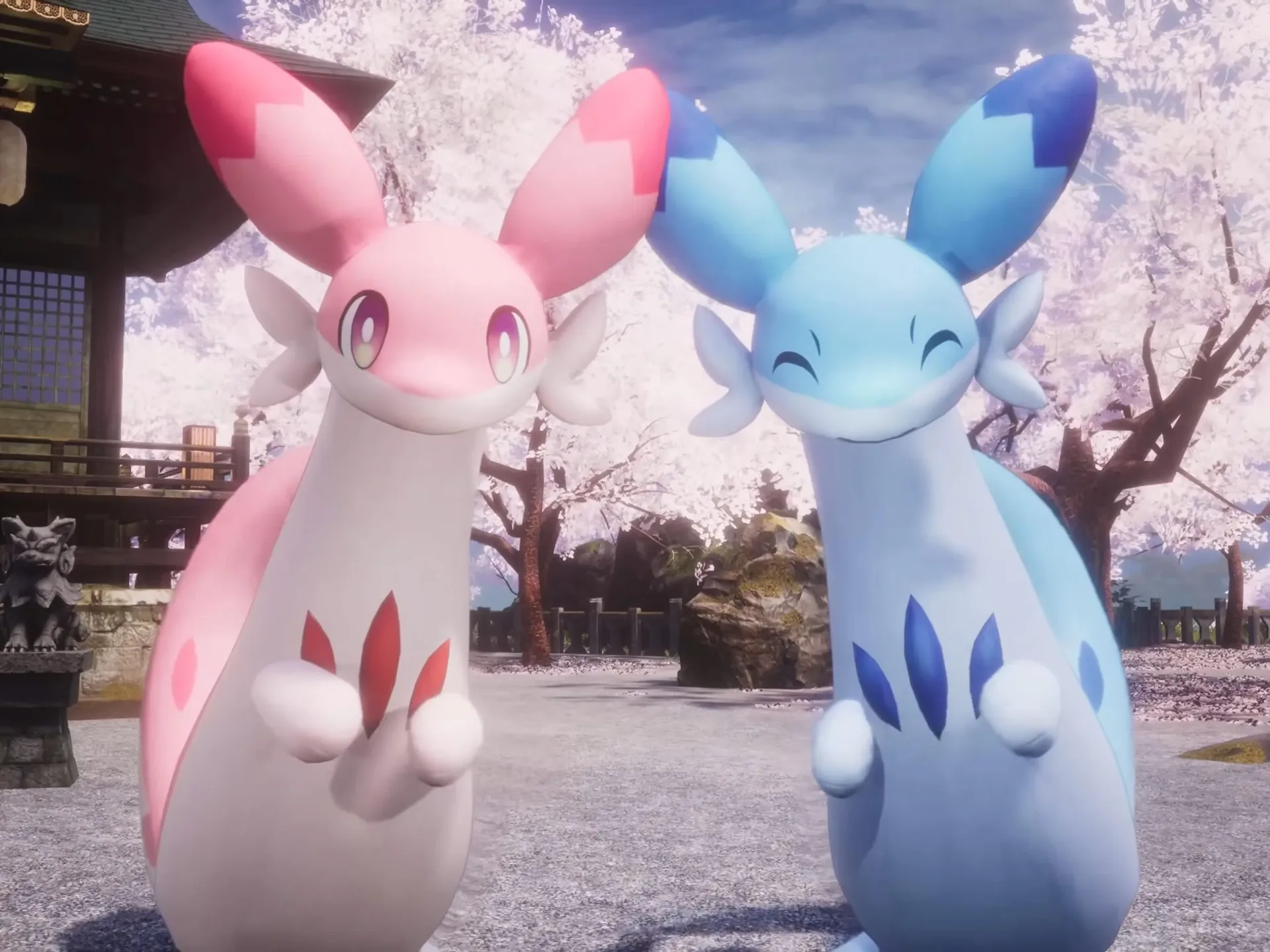 Palworld 1.0 launch trailer screenshot shows a Chillet Ignis and Chillet smiling at the camera, cherry blossom trees behind them.
