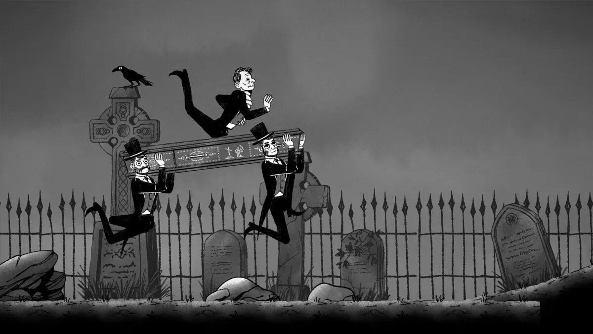 Fallbearers co-op gameplay involving a coffin, an incline and Victorian street obstacles