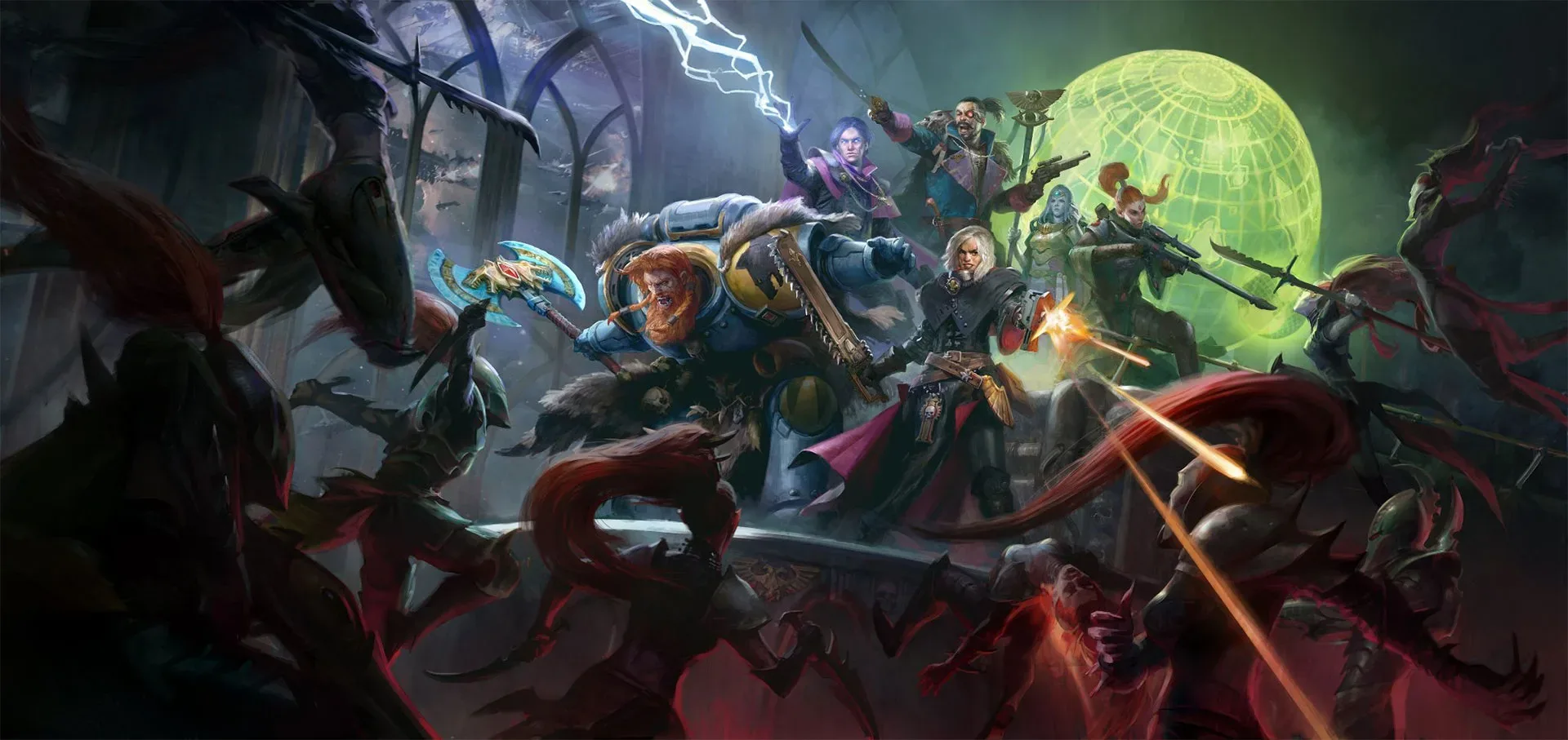 A Rogue Trader character stands aboard a vast Warhammer 40,000 voidship