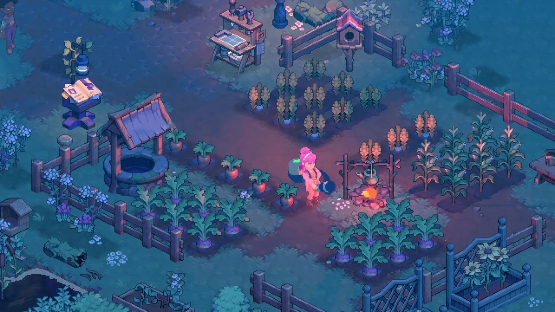 Moonfrost pixel-art village with homes and crafting areas
