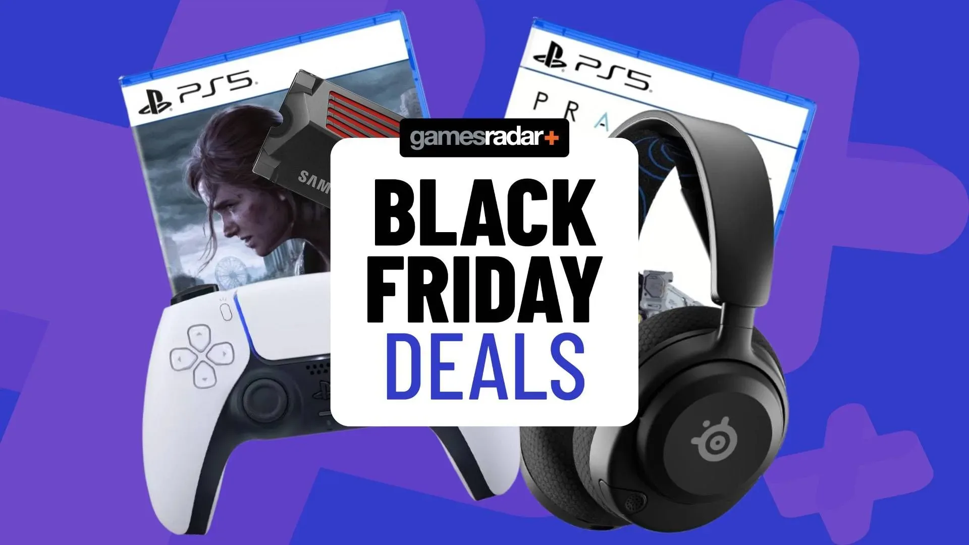 Image of PS5 games and accessories on a blue GamesRadar+ background.