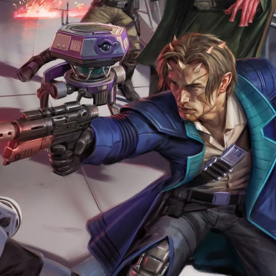 An alien in a long blue coat with a droid at his shoulder fires a blaster at Stormtroopers