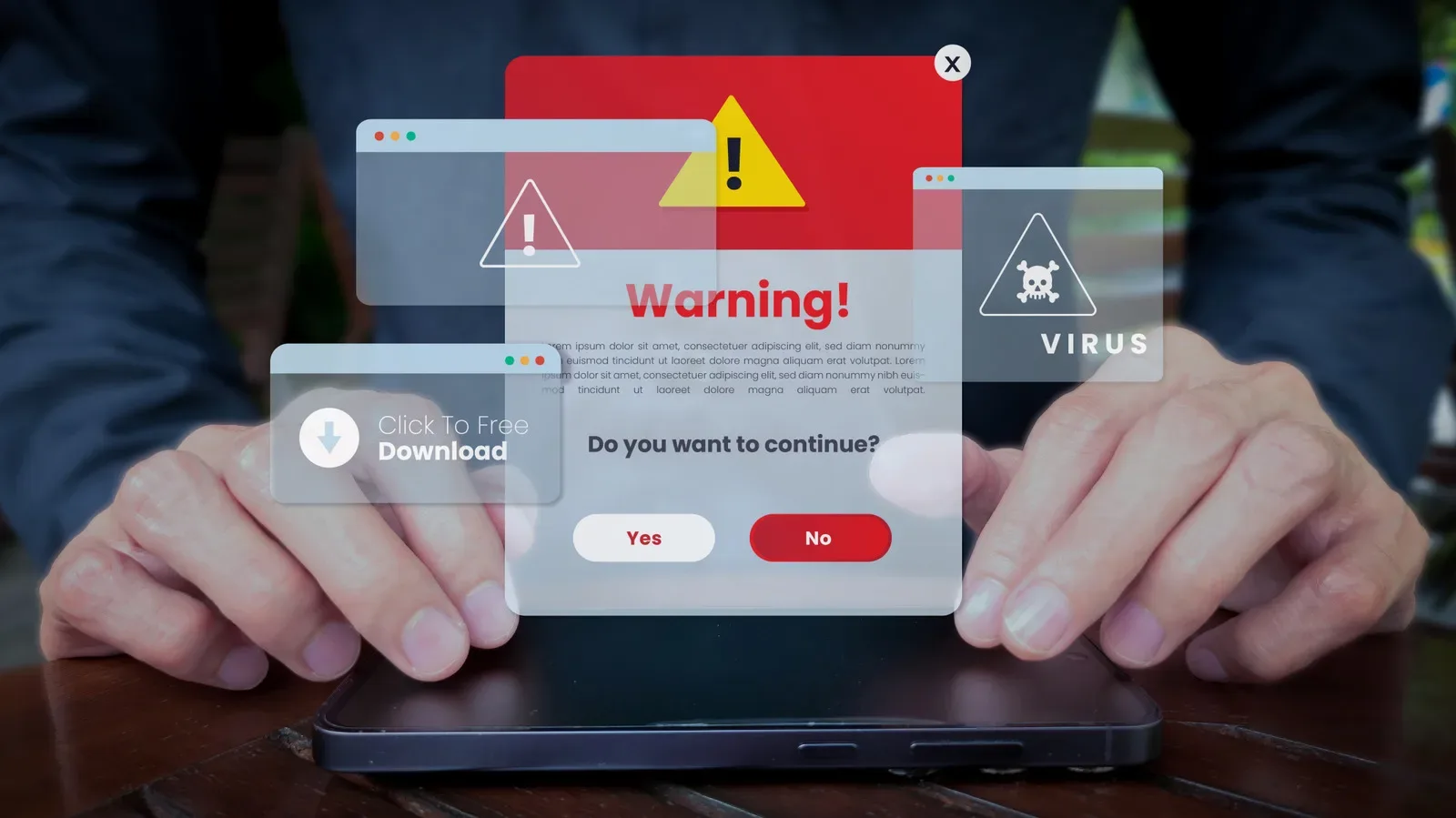 A Windows PC browser showing a suspicious fake virus warning pop-up