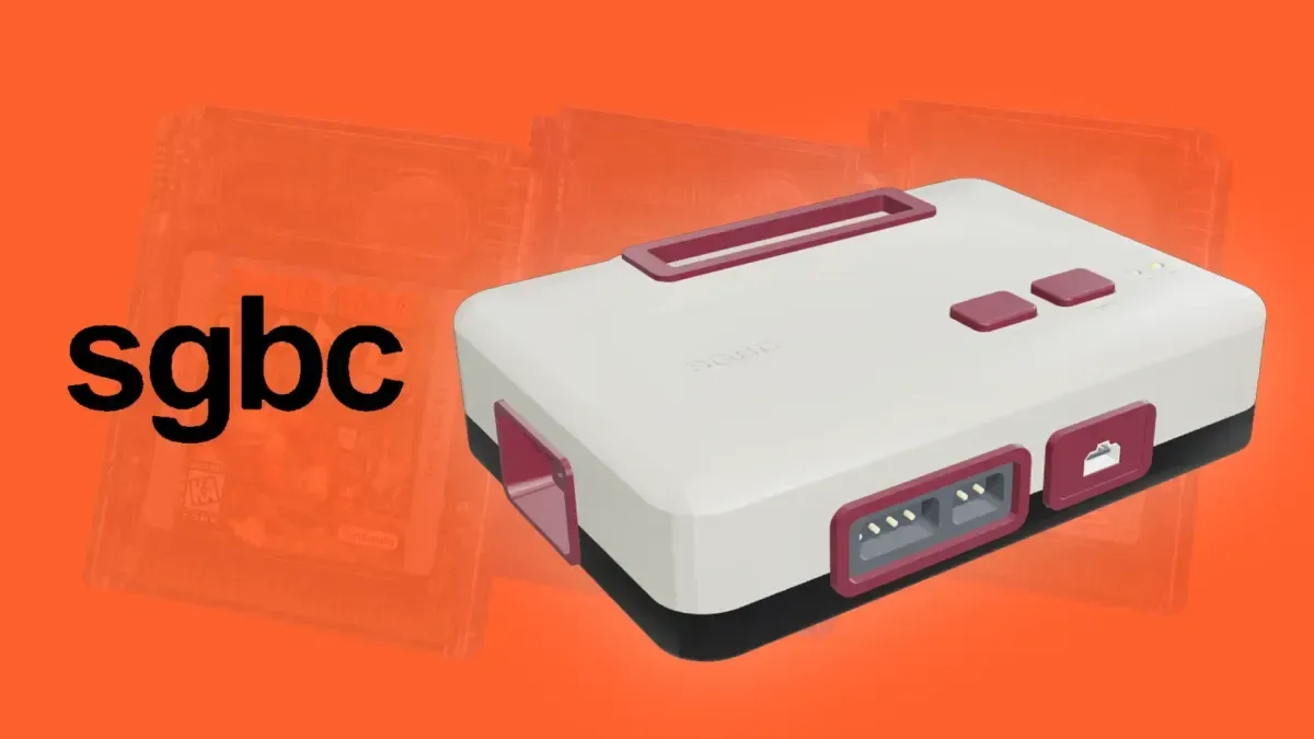 SGBC FPGA console with Game Boy-inspired gray, black and burgundy design