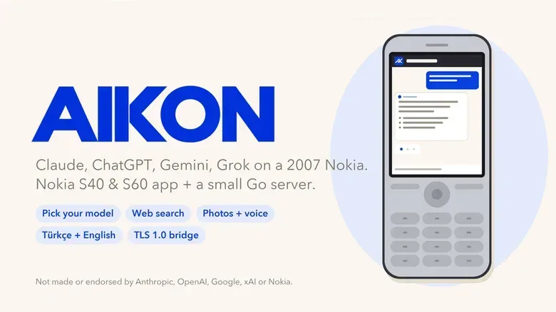 Diagram showing a Nokia S40 phone connecting through a Go server to AI chatbot APIs