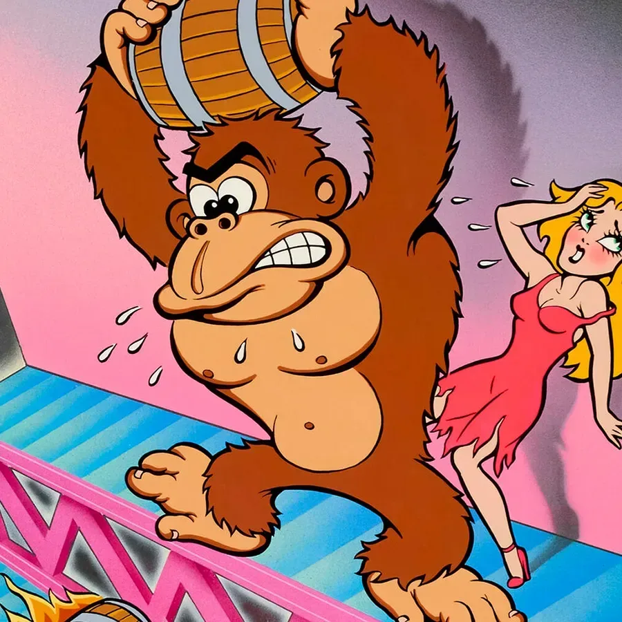 1981 Donkey Kong promotional flyer illustrated by Leslie Cabarga, featuring Donkey Kong, Jumpman and Pauline