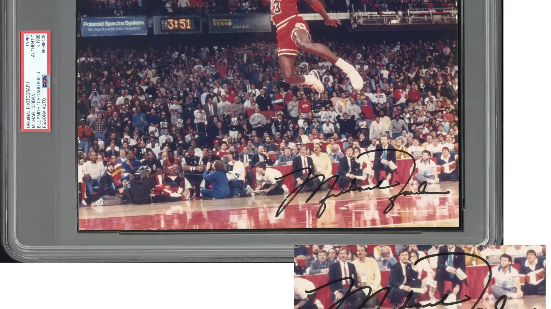 Signed Type 1 original photograph of Michael Jordan soaring toward the basket during a Slam Dunk Contest