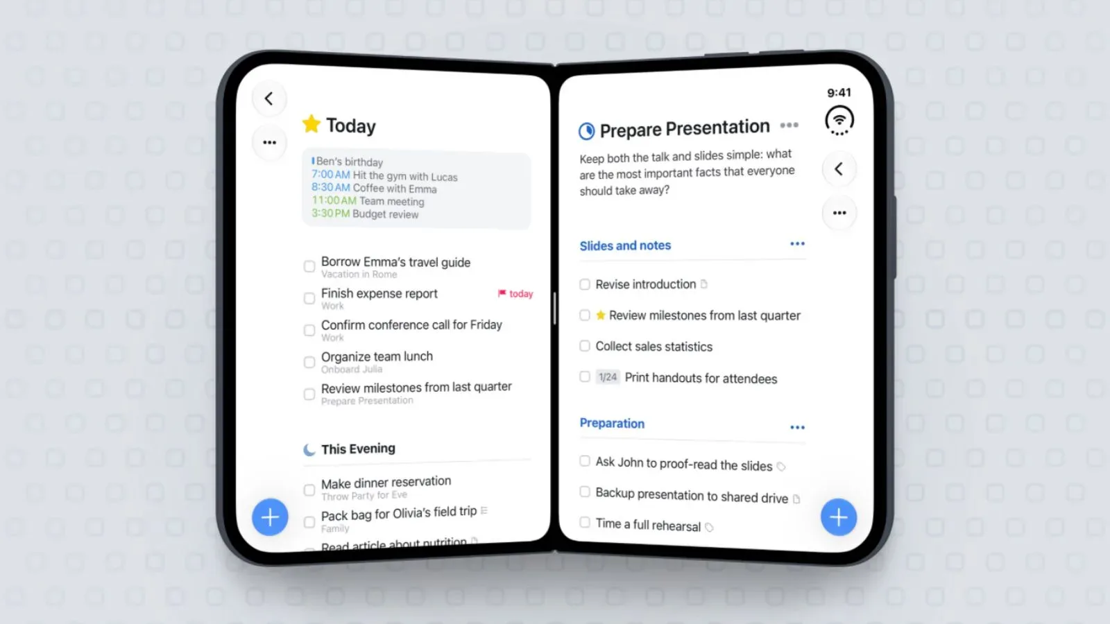 Things task manager shown on iPhone Duo with an adaptive open-screen layout