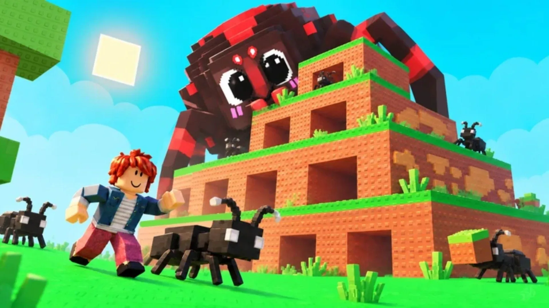 A giant spider overlooks an ants nest in Build an Ant Empire on Roblox.
