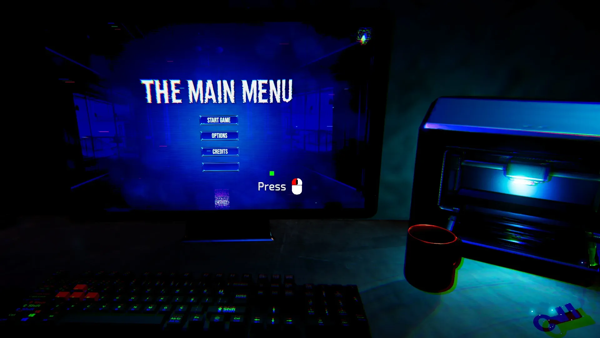 The Main Menu shows a corrupted game interface inside a psychological horror escape-room scenario