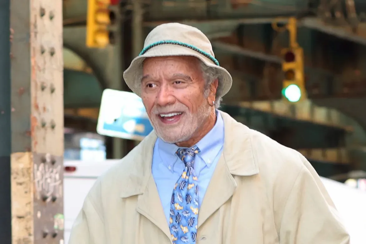 Dwayne Johnson in aging prosthetics as the Chicken Man while filming Lizard Music in Brooklyn