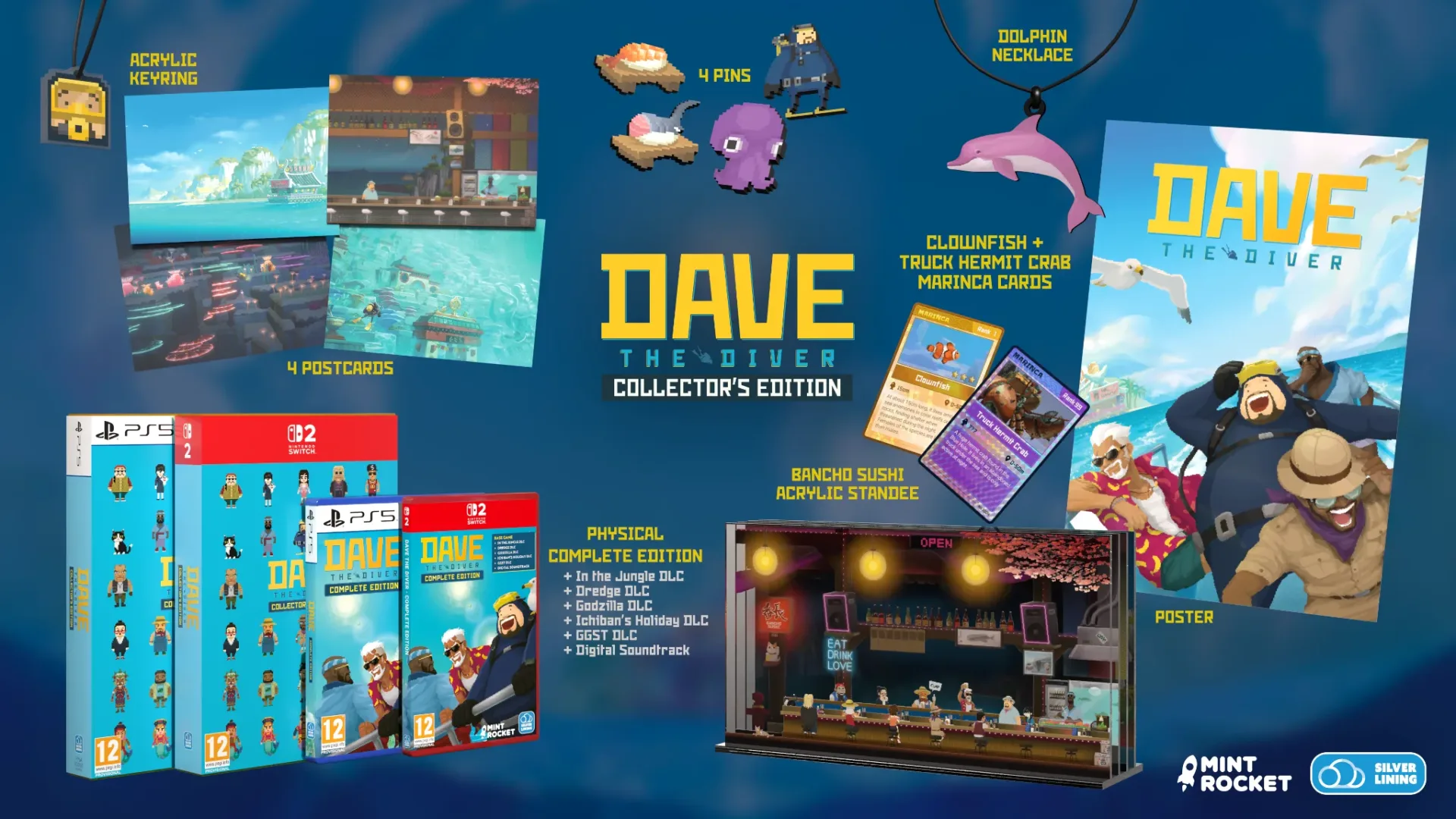 Dave the Diver Collector’s Edition items including Bancho Sushi standee, pins and postcards