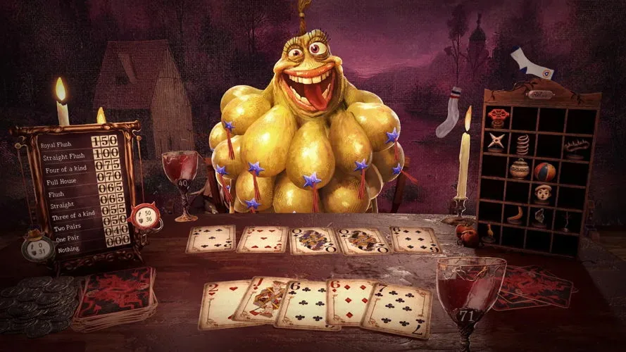 A demon opponent sits across the poker table in The Devil’s Due