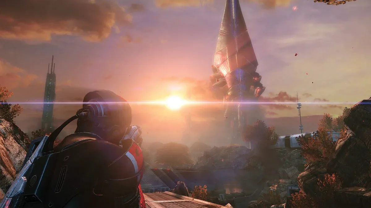 Commander Shepard pointing a gun at a Reaper in the Mass Effect games.