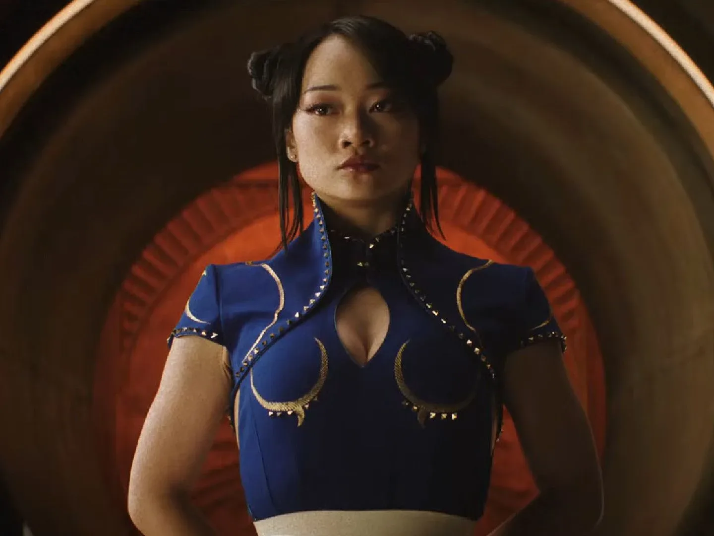 Callina Liang as Chun-Li recruiting fighters for the World Warrior Tournament