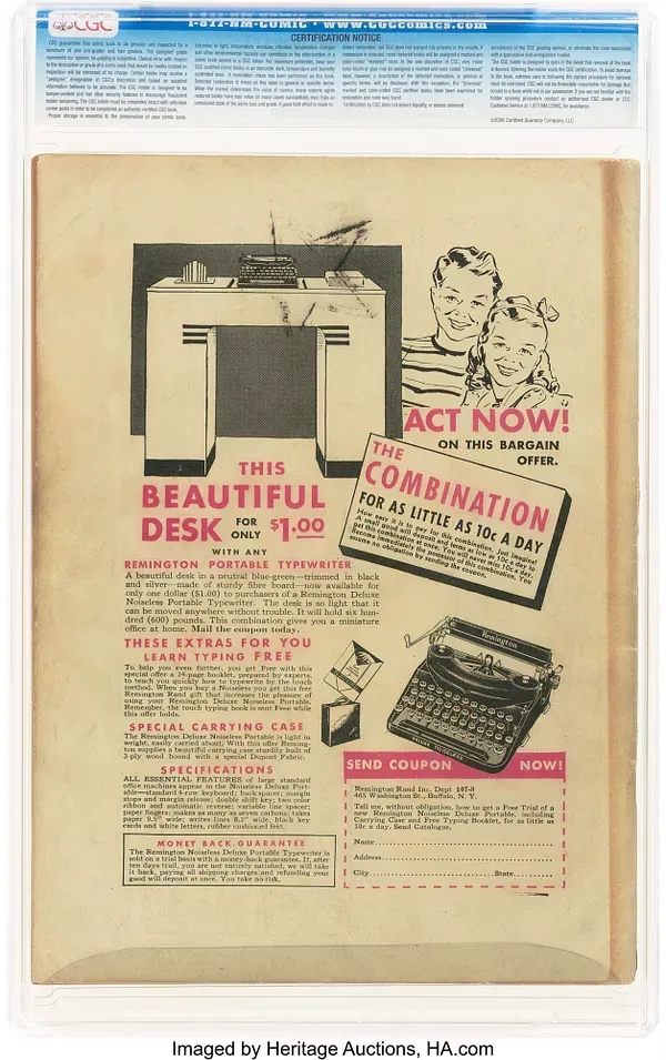 Mystery Men Comics #2 (Fox, 1939) back cover with a Remington portable typewriter advertisement, an illustrated desk, two children and a mail-in coupon.
