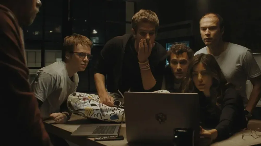 A film-production workstation illustrating the debate over AI tools and performer likeness