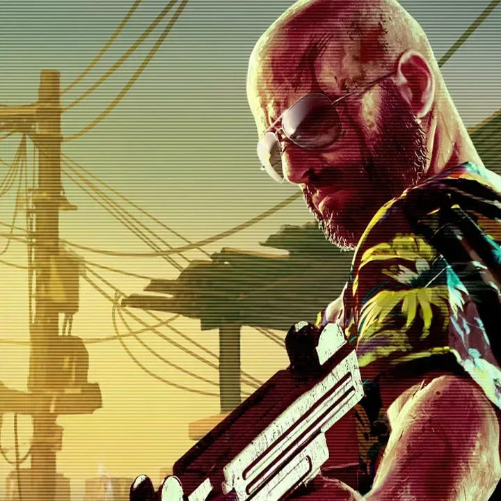 Max Payne 3 protagonist Max Payne aiming a handgun during a bullet-time firefight