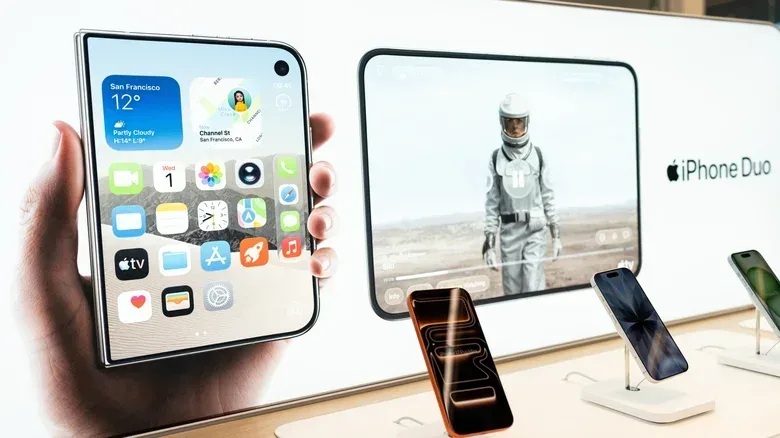 Book-style foldable phones showing outer and inner displays