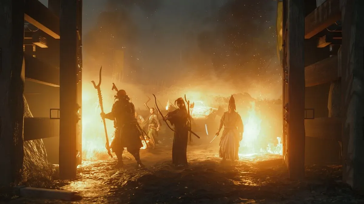 Ghost of Yotei Complete Edition screenshot of several Vipers opening a door with fire behind them