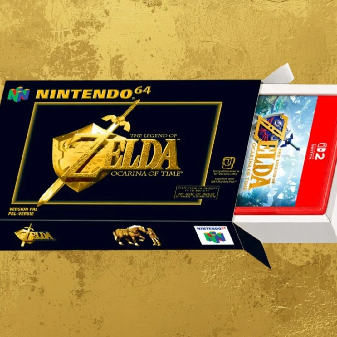 Ocarina of Time pre-order bundle with N64-inspired packaging and Spiritual Stones