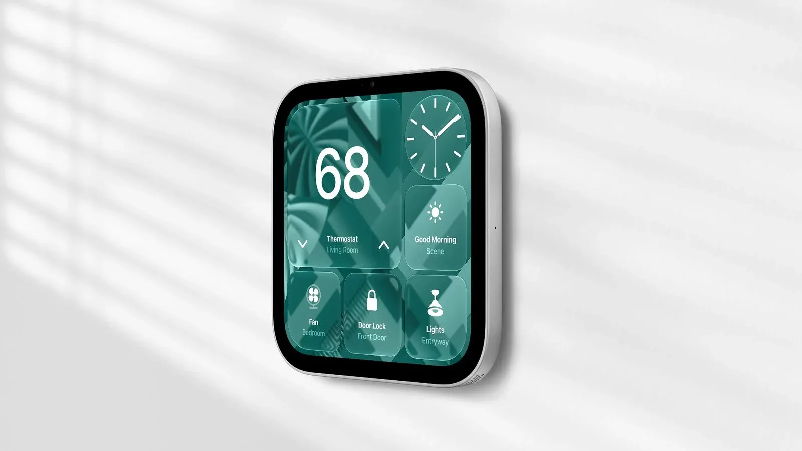 Apple HomeView wall-mounted display shown on a wall