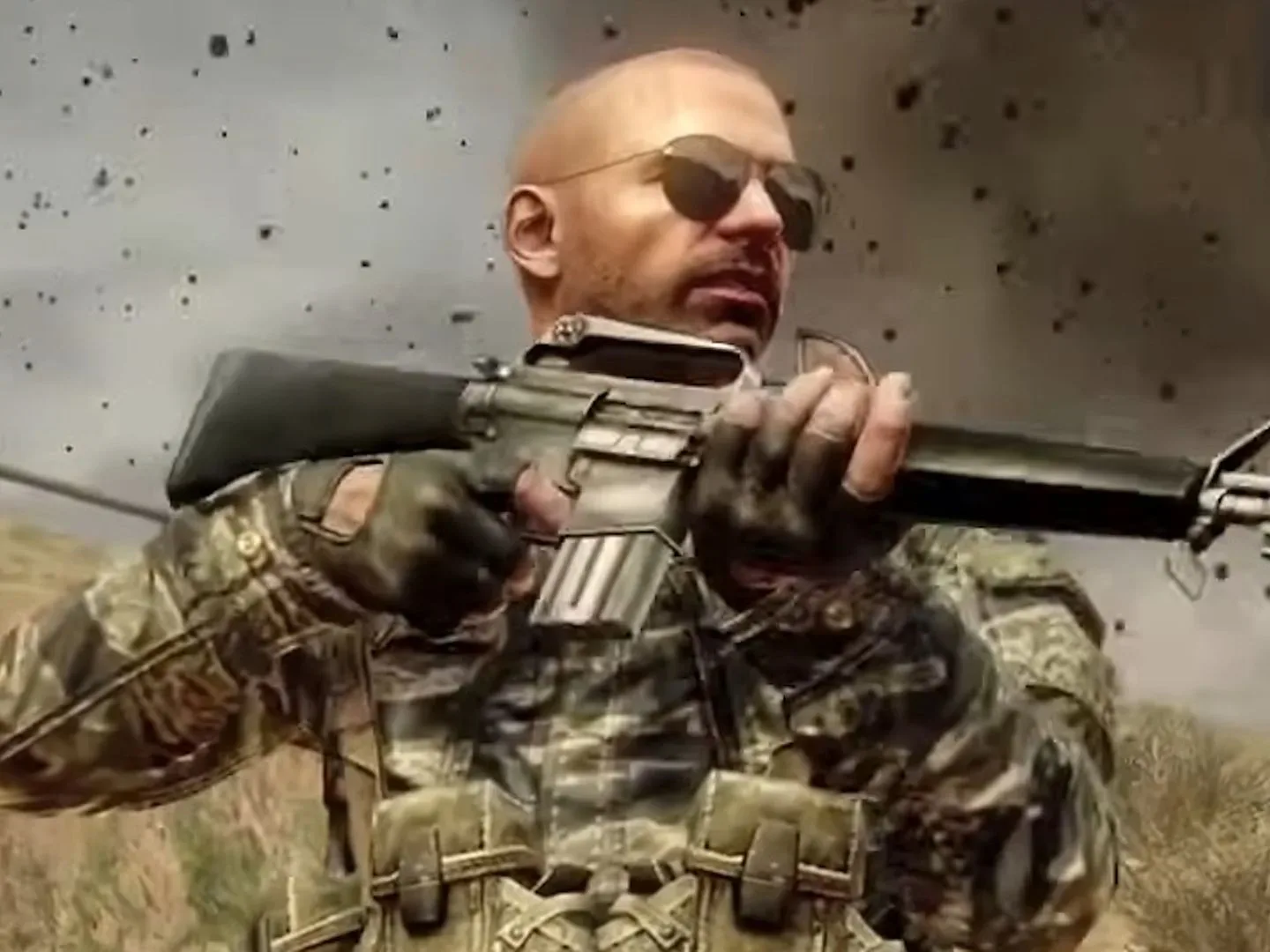 Call of Duty Black Ops 1 soldier holding a gun and wearing sunglasses
