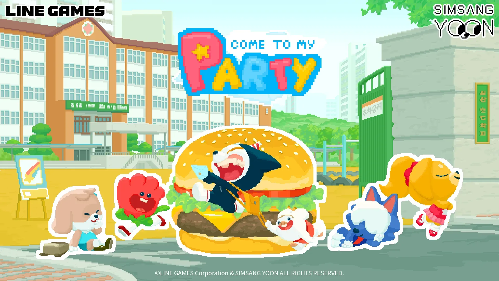 Come to my Party! promotional artwork featuring Jimin and the game’s school setting