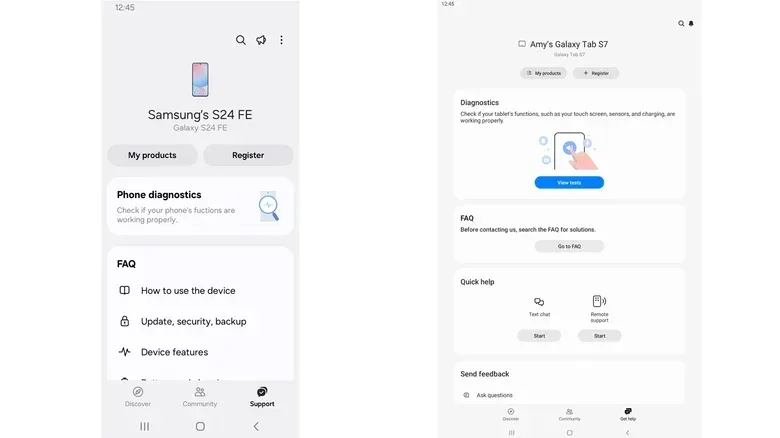 Screenshots of a phone (left) and tablet (right) view of the Samsung Members app.