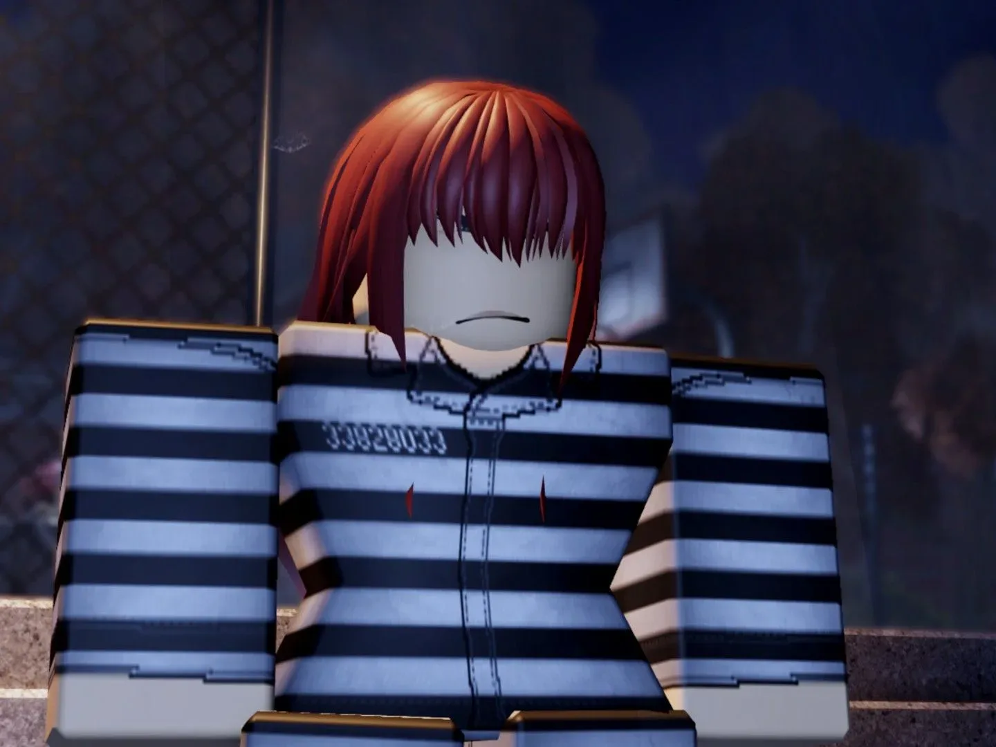 A red-haired female inmate looks unhappy in Komorebi Prison on Roblox.