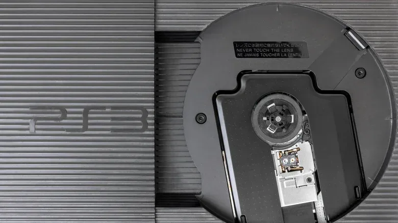 A close-up view of a Playstation 3 Super Slim's disc driver.