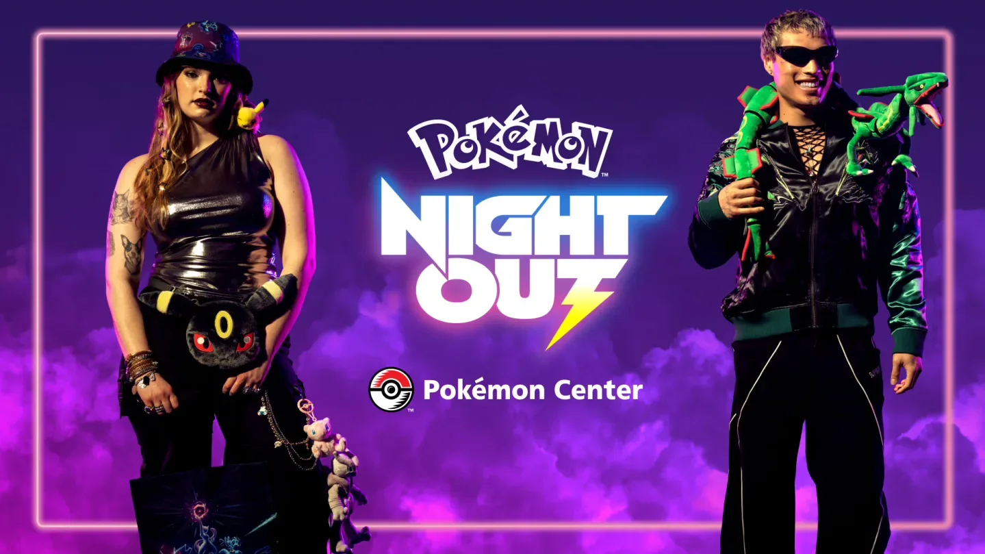 Pokémon Night Out Mewtwo jacket and matching mini bag with Pokémon plush key chains