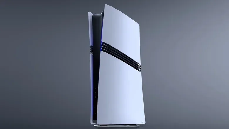 A slick white PS5 Pro with blue lights glows against a dark grey background.
