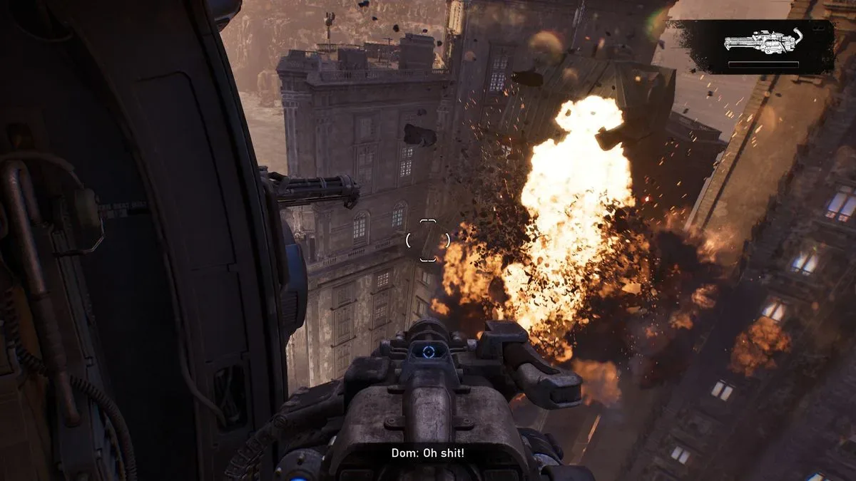 Marcus uses low rubble as adaptive cover during a Locust firefight