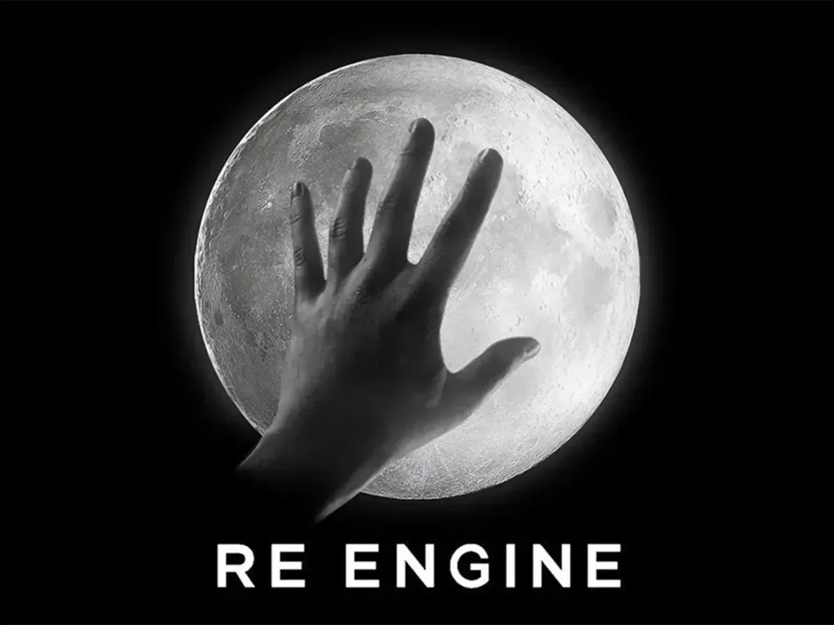 Conceptual game-development workspace representing Capcom’s RE Engine evolution