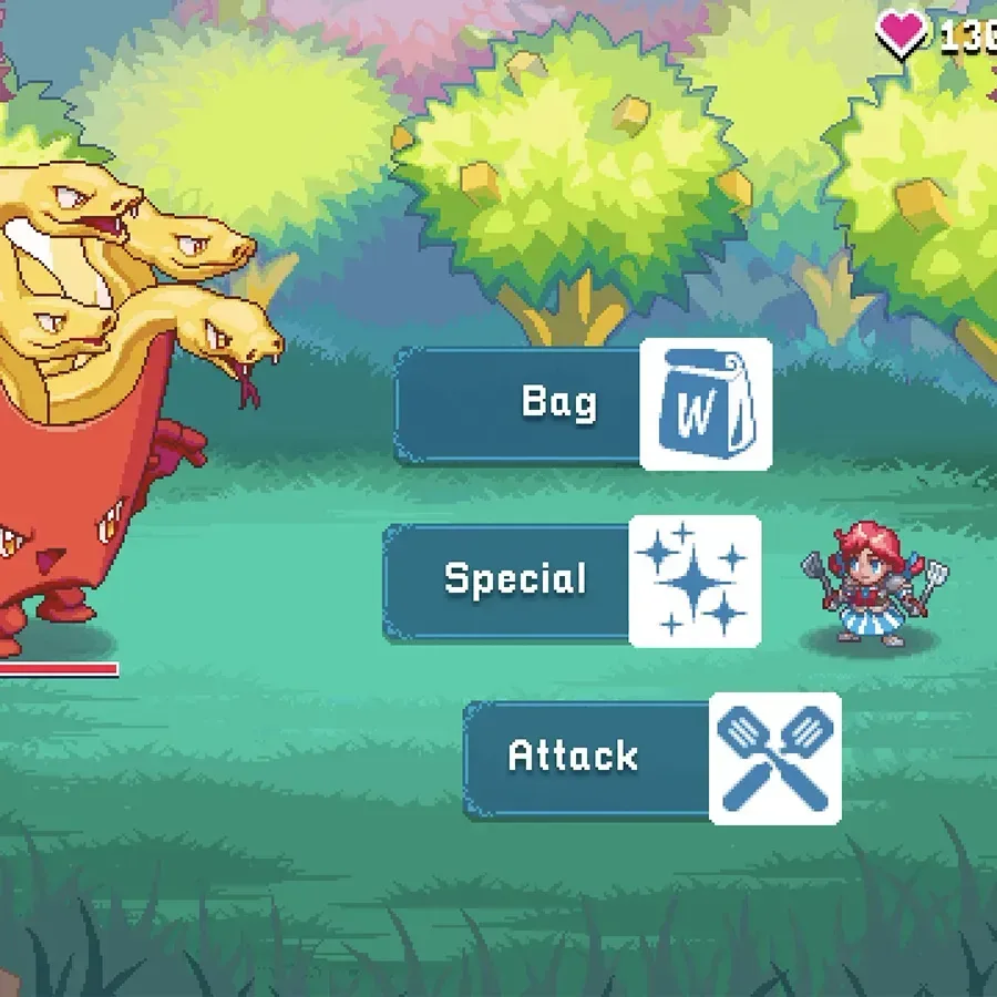 WendyQuest pixel-art battle featuring Wendy and food-themed enemies