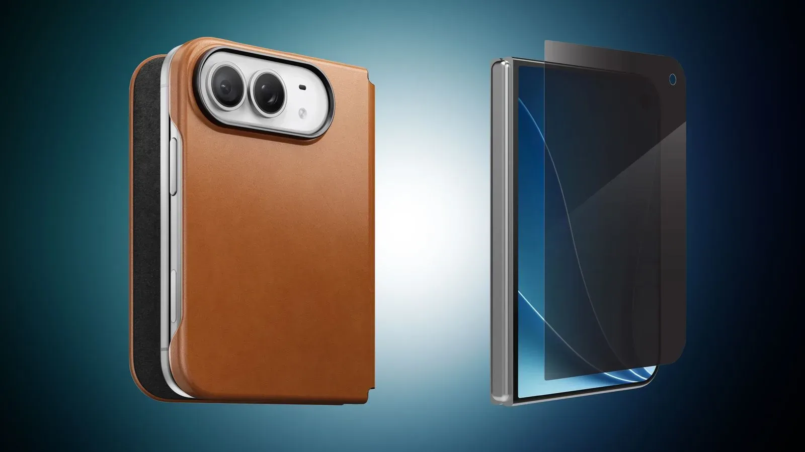 Assorted iPhone Duo cases and screen protectors arranged beside a smartphone
